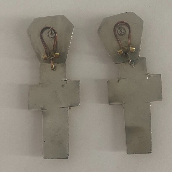 Vintage 80's Agate Southwestern Handmade Christian Cross Earrings - Picture 5 of 5
